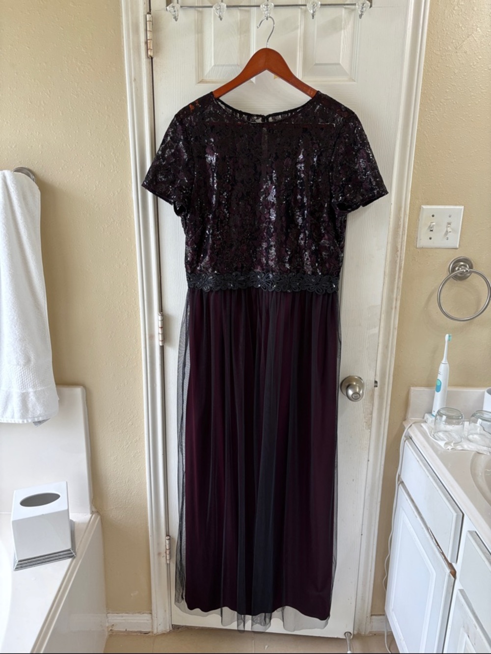 Brianna sequin eggplant and black overlay maxi dress. NWOT